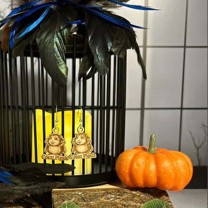 Guinea Pig Vampire Earrings | "Count Pigula" Halloween Engraved Wood
