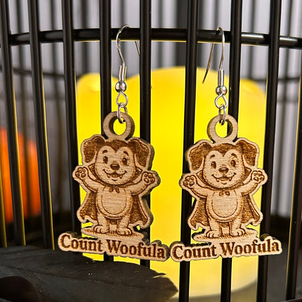 Dog Vampire Earrings | "Count Woofula" Halloween Engraved Wood