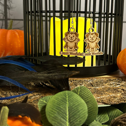 Dog Vampire Earrings | "Count Woofula" Halloween Engraved Wood
