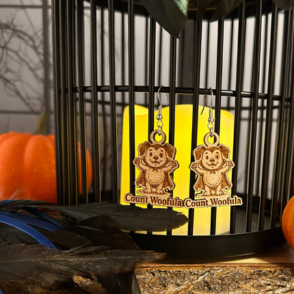 Dog Vampire Earrings | "Count Woofula" Halloween Engraved Wood