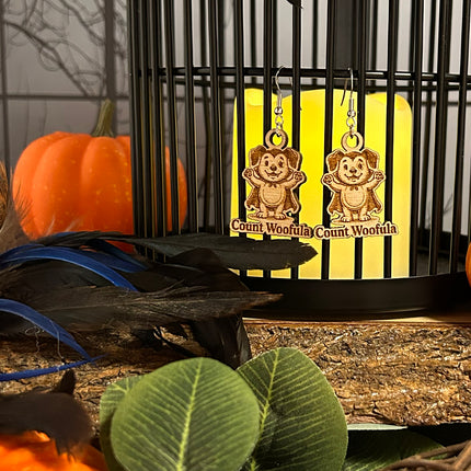 Dog Vampire Earrings | "Count Woofula" Halloween Engraved Wood
