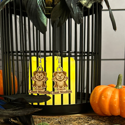 Dog Vampire Earrings | "Count Woofula" Halloween Engraved Wood