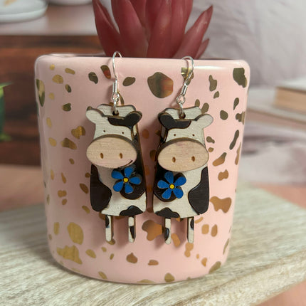3D Skinny Cow Hand Painted Wood Earrings