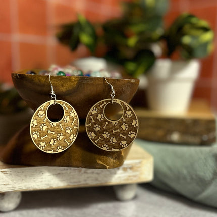 Paw Print & Bone Hoop Earrings – Lightweight Hypoallergenic Wood Jewelry