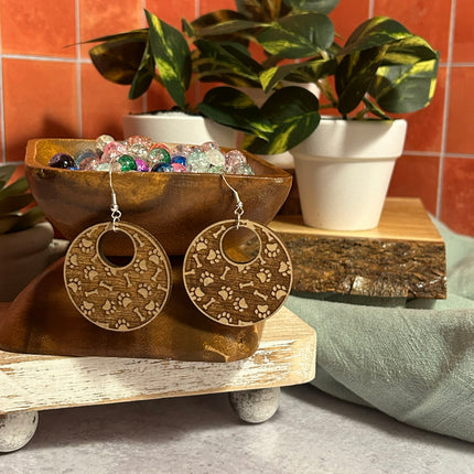 Paw Print & Bone Hoop Earrings – Lightweight Hypoallergenic Wood Jewelry