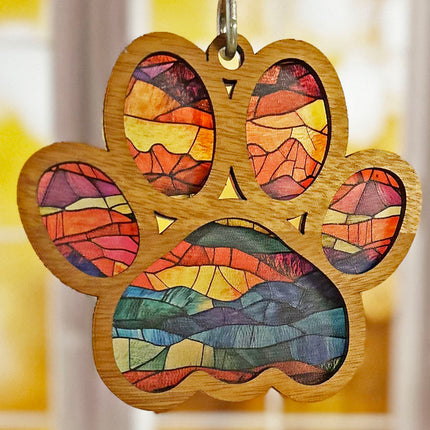 Charming Wood & Stained Glass Paw Print Sun Catcher - Perfect for Pet Lovers!