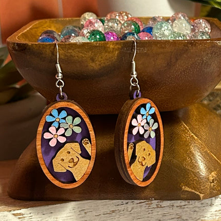 3D Dog & Flowers Cameo Earrings – Hand-Painted Lightweight Wood Jewelry
