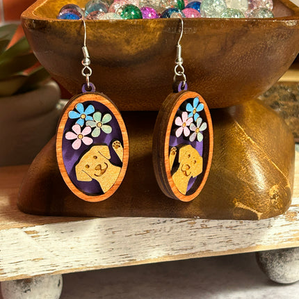 3D Dog & Flowers Cameo Earrings – Hand-Painted Lightweight Wood Jewelry