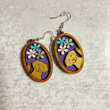 3D Dog & Flowers Cameo Earrings – Hand-Painted Lightweight Wood Jewelry
