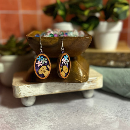 3D Dog & Flowers Cameo Earrings – Hand-Painted Lightweight Wood Jewelry