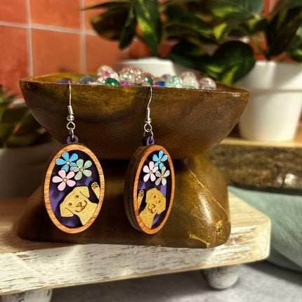 3D Dog & Flowers Cameo Earrings – Hand-Painted Lightweight Wood Jewelry