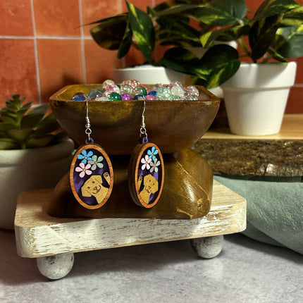 3D Dog & Flowers Cameo Earrings – Hand-Painted Lightweight Wood Jewelry