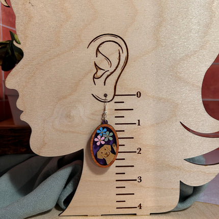 3D Dog & Flowers Cameo Earrings – Hand-Painted Lightweight Wood Jewelry