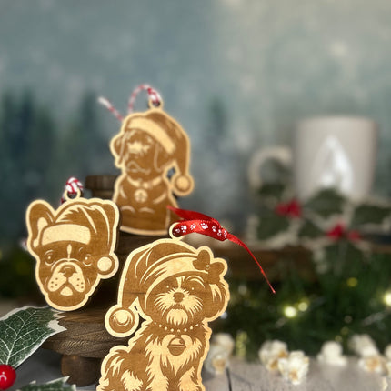 Customizable Dog Breed Ornaments - Festive Santa Hat Designs on Maple Plywood