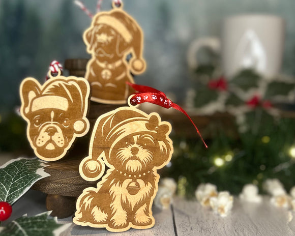 Customizable Dog Breed Ornaments - Festive Santa Hat Designs on Maple Plywood