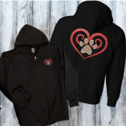 Glitter Spiral Heart Paw Print Zip-Up Hoodie