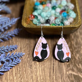 Cat & Heart "Meow" Hand-Painted 3D Wood Earrings