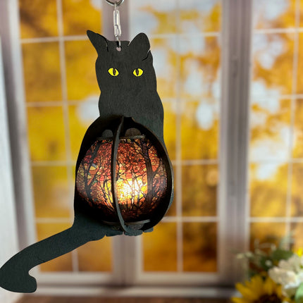 Cat-Shaped Wood Lantern with Stained Glass Belly – A Whimsical Touch for Your Home!