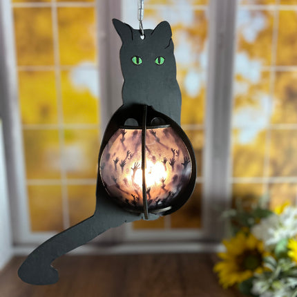 Cat-Shaped Wood Lantern with Spooky Soul Hands Belly – A Creepy Touch for Your Halloween Home!