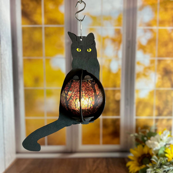 Cat-Shaped Wood Lantern with Stained Glass Belly – A Whimsical Touch for Your Home!