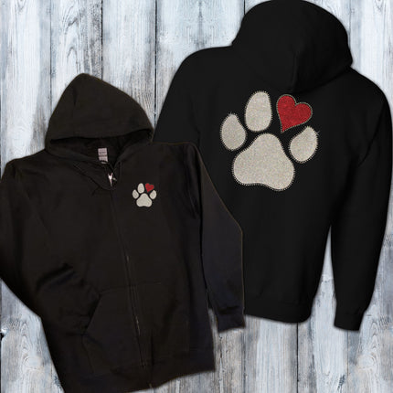 Glitter & Rhinestones Heart Paw Zip-Up Hoodie