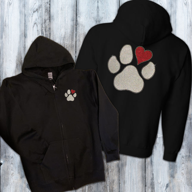 Glitter & Rhinestones Heart Paw Zip-Up Hoodie