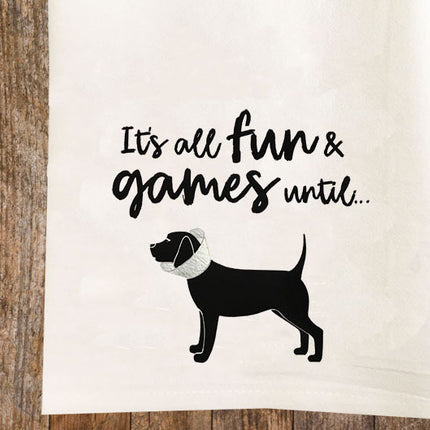Fun and Games Dog in a Cone Tea Towel / Dog Themed Flour Sack Cotton Towel