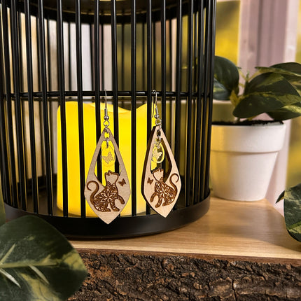 Earrings - Wood Mosaic Cat Earrings with Butterfly Charm – Sterling Silver Hooks 🐱🦋