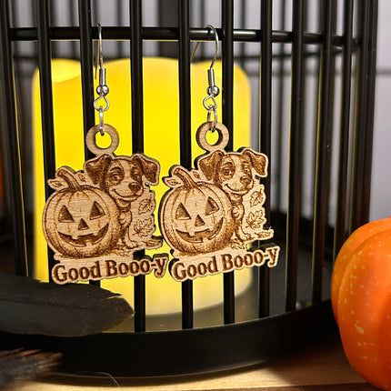 Dog & Pumpkin Halloween Earrings | "Good Booo-y" Engraved Wood