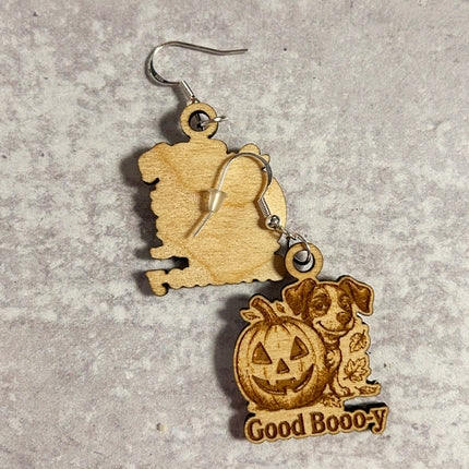 Dog & Pumpkin Halloween Earrings | "Good Booo-y" Engraved Wood