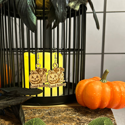 Dog & Pumpkin Halloween Earrings | "Good Booo-y" Engraved Wood