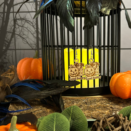 Dog & Pumpkin Halloween Earrings | "Good Booo-y" Engraved Wood