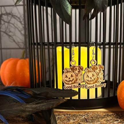 Dog & Pumpkin Halloween Earrings | "Good Booo-y" Engraved Wood