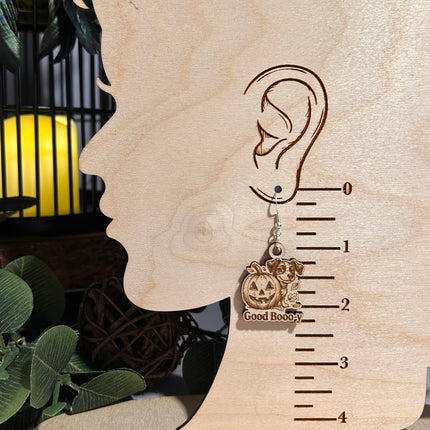 Dog & Pumpkin Halloween Earrings | "Good Booo-y" Engraved Wood