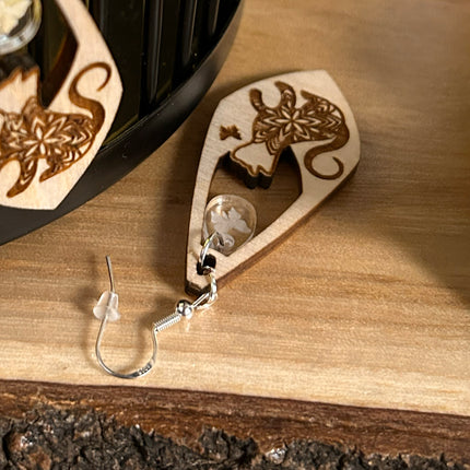 Earrings - Wood Mosaic Cat Earrings with Butterfly Charm – Sterling Silver Hooks 🐱🦋