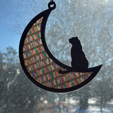 Wood & Stained Glass Cat on the Moon Sun Catcher - Perfect for Kitty Lovers!