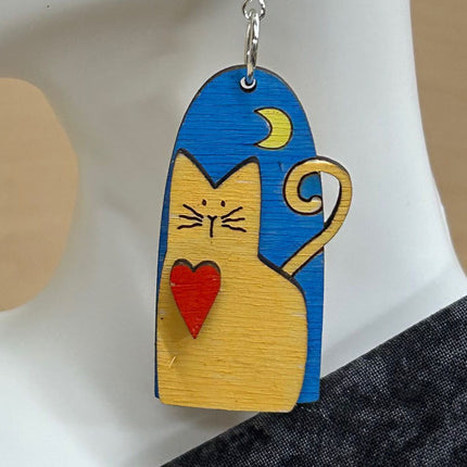 3D Cat and Moon Design Earrings - Artisan Handpainted Wood Whimsical Jewelry - Unique Wooden Statement Piece