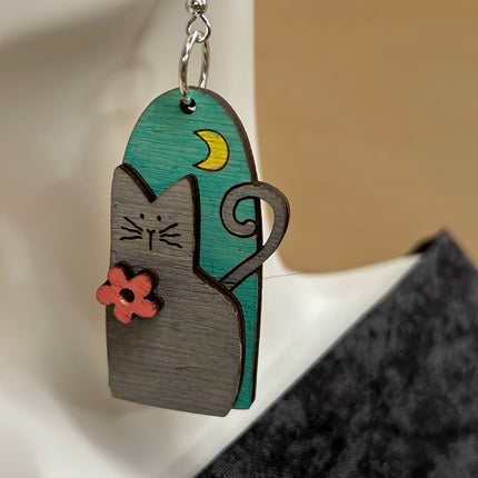 3D Cat and Moon Design Earrings - Artisan Handpainted Wood Whimsical Jewelry - Unique Wooden Statement Piece
