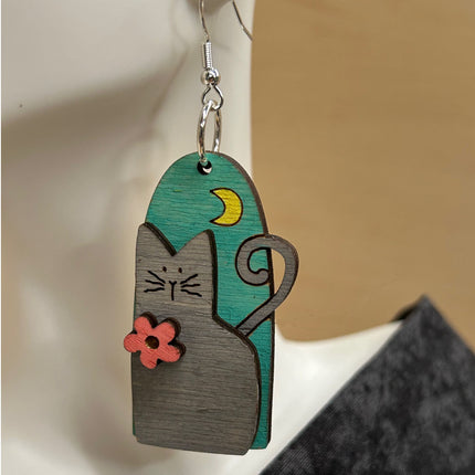 3D Cat and Moon Design Earrings - Artisan Handpainted Wood Whimsical Jewelry - Unique Wooden Statement Piece
