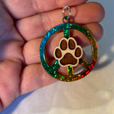 Handcrafted Wooden Peace Sign Earrings with Glitter Rainbow Vinyl and Paw Print, .925 Silver Plated Wire