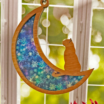 Wood & Stained Glass Cat on the Moon Sun Catcher - Perfect for Kitty Lovers!