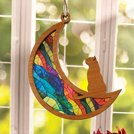 Wood & Stained Glass Cat on the Moon Sun Catcher - Perfect for Kitty Lovers!