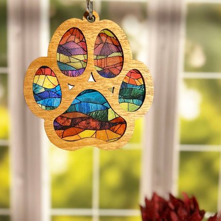 Charming Wood & Stained Glass Paw Print Sun Catcher - Perfect for Pet Lovers!