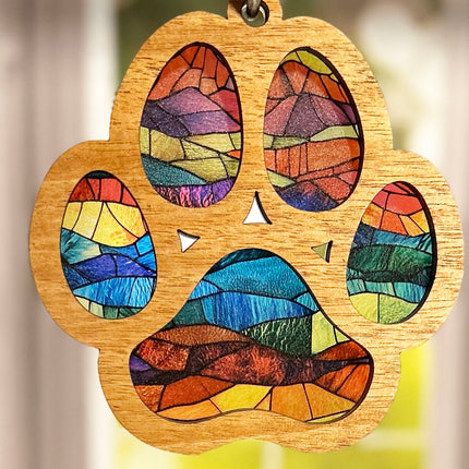 Charming Wood & Stained Glass Paw Print Sun Catcher - Perfect for Pet Lovers!