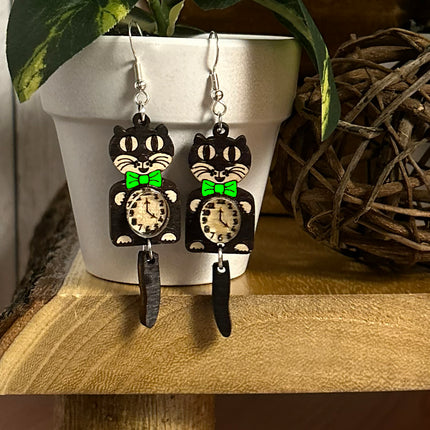 Earrings - Cat Clock Earrings with Blue Bow Tie – Whimsical Cat Lover Jewelry