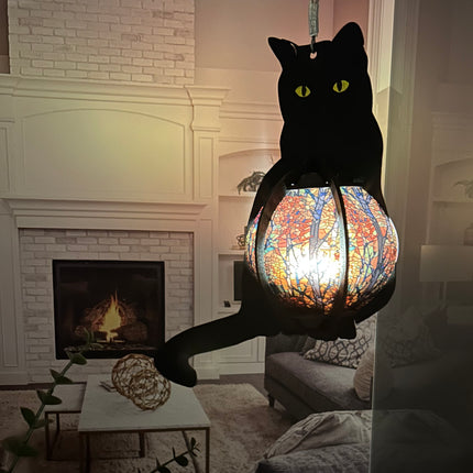 Cat-Shaped Wood Lantern with Stained Glass Belly – A Whimsical Touch for Your Home!