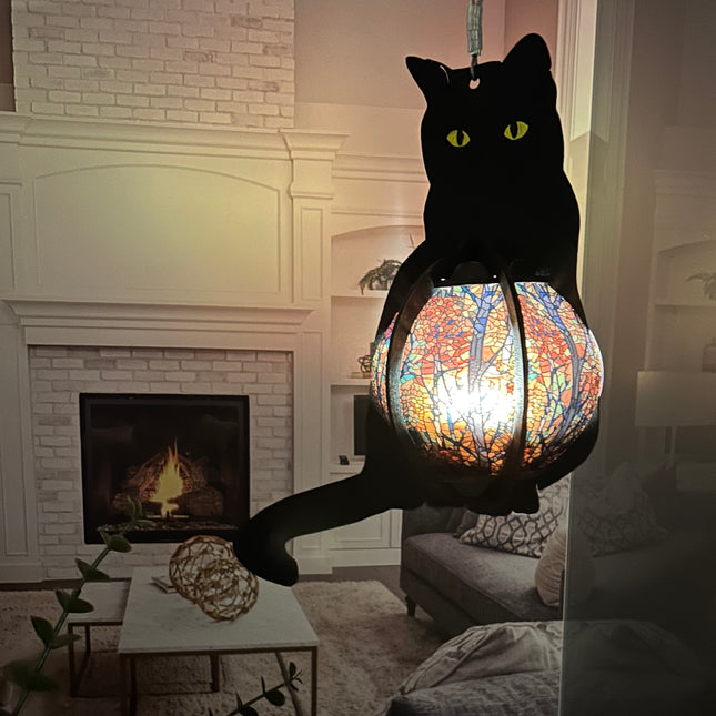 Cat-Shaped Wood Lantern with Stained Glass Belly – A Whimsical Touch for Your Home!