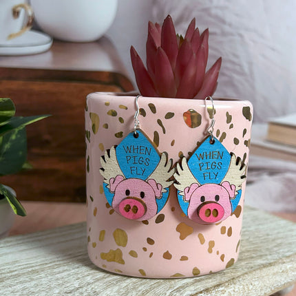 3D When Pigs Fly Hand Painted Wood Earrings