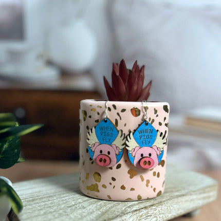 3D When Pigs Fly Hand Painted Wood Earrings