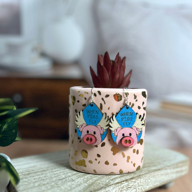 3D When Pigs Fly Hand Painted Wood Earrings